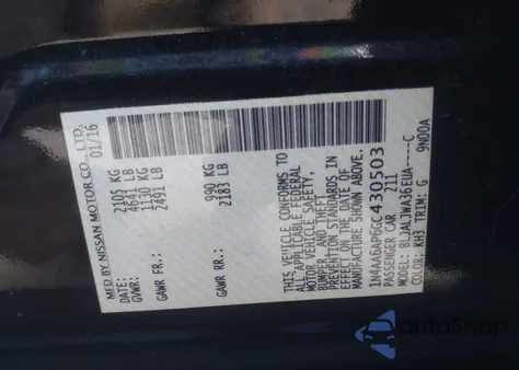 2016 Nissan Maxima 3.5 Sv z USA, uszkodzony, nr VIN 1N4AA6AP6GC430503